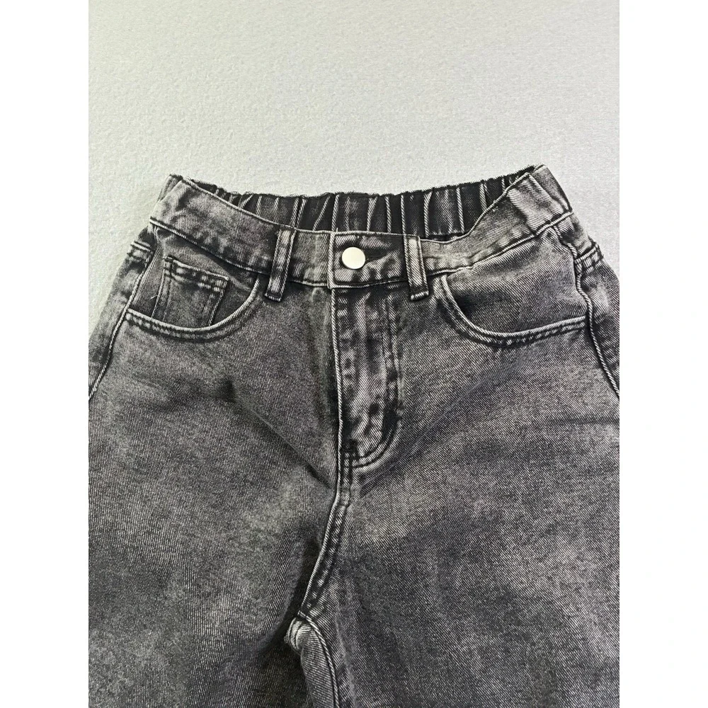 Girls Bow Print Back Zipper Fly Elastic High Waist Denim Pants Wide Leg Jean 13y